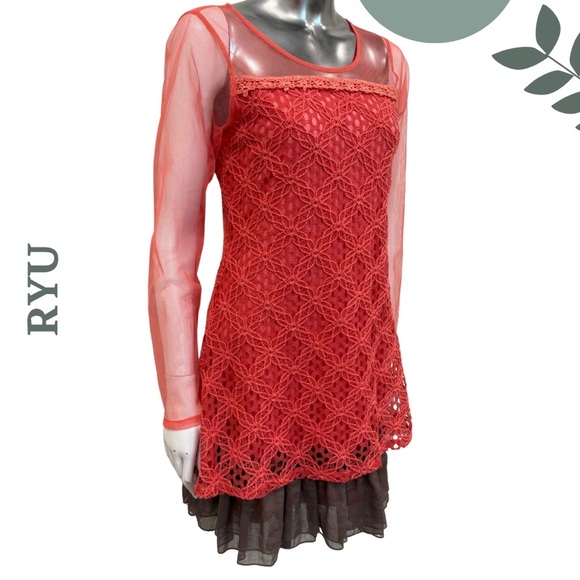 RYU Coral Lace Mesh Dress – Size Small – Sheer Sleeves & Layered Hem - Picture 3 of 8